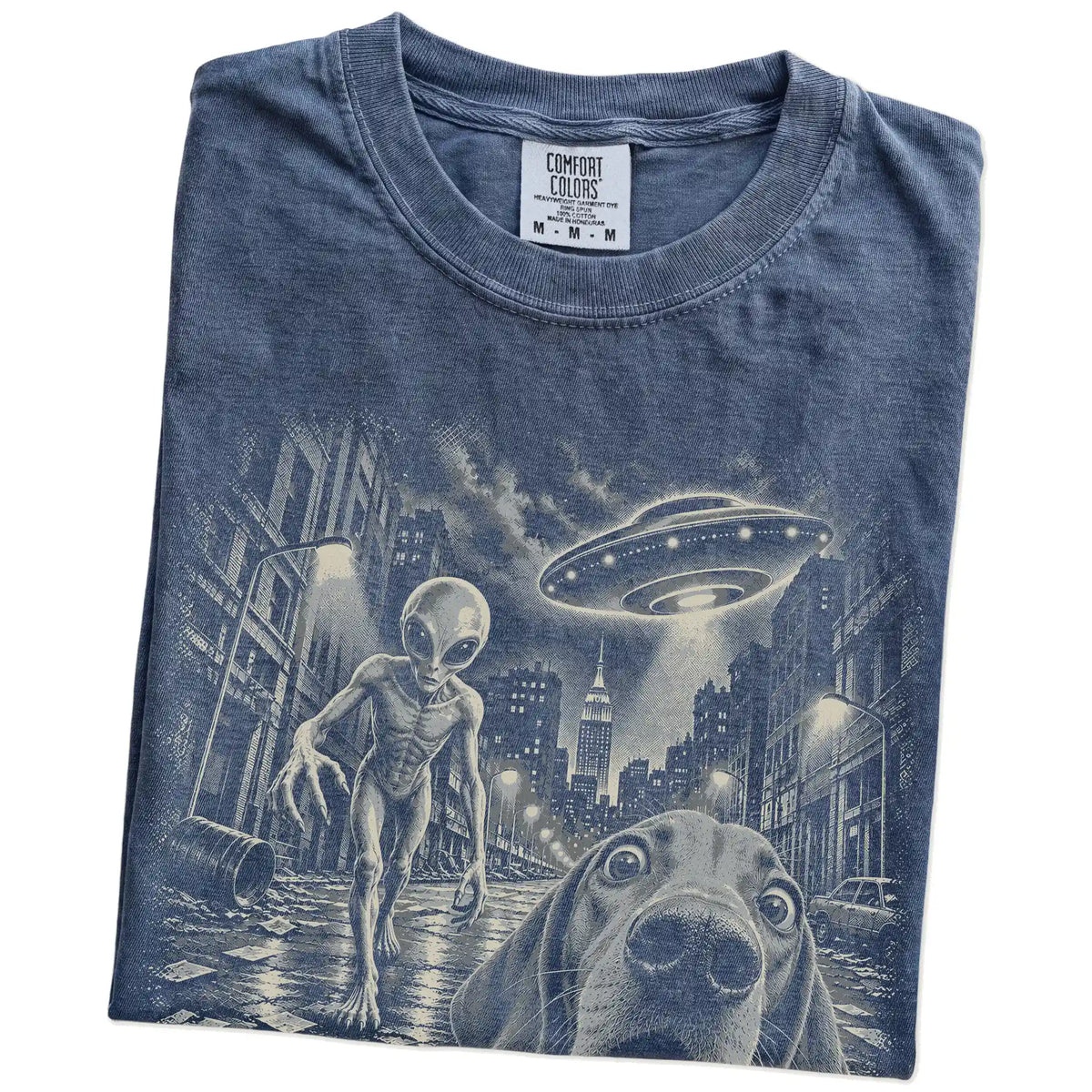 Vizsla Alien Selfie Comfort Colors T-Shirt in Denim, folded view