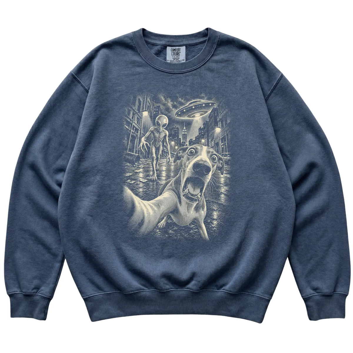 Whippet Alien Selfie Comfort Colors Sweatshirt in Denim, flat view