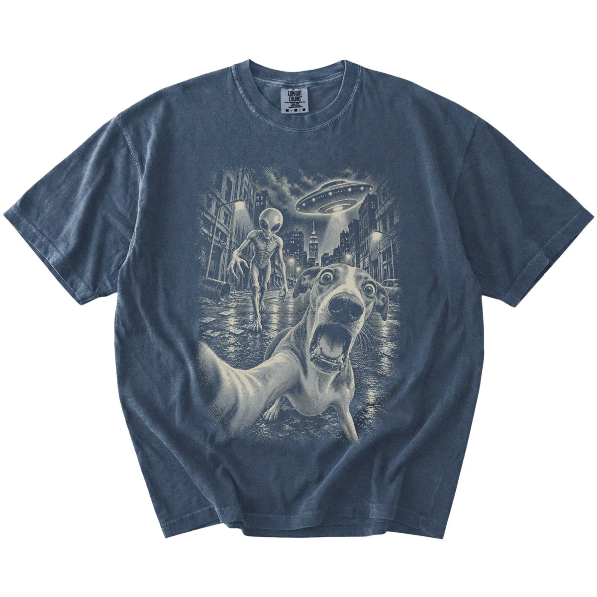 Whippet Alien Selfie Comfort Colors T-Shirt in Denim, flat view