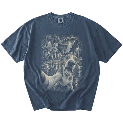 Whippet Alien Selfie Comfort Colors T-Shirt in Denim, flat view