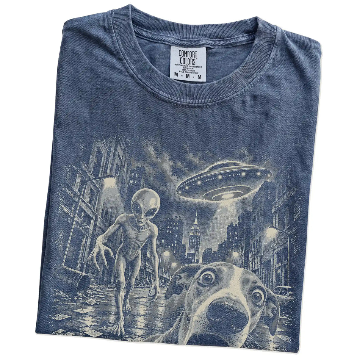 Whippet Alien Selfie Comfort Colors T-Shirt in Denim, folded view