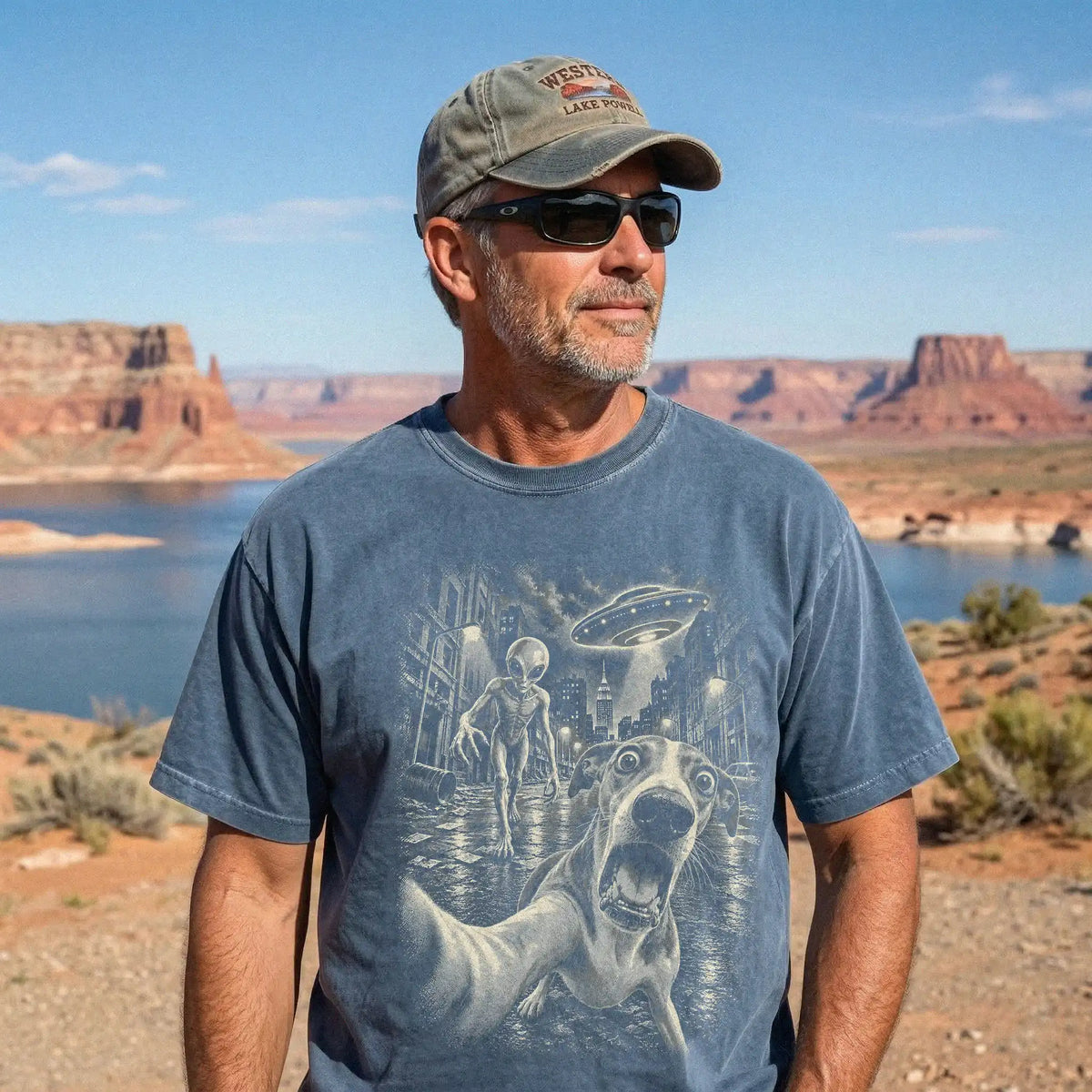 Whippet Alien Selfie Comfort Colors T-Shirt in Denim, modeled view