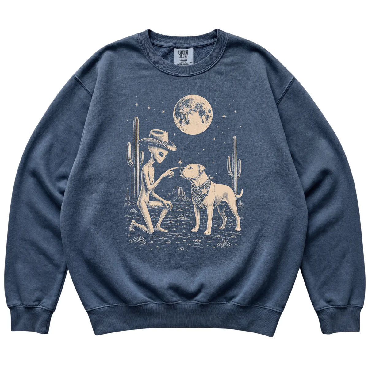 Denim Comfort Colors® sweatshirt featuring American Bulldog Cowboy and Alien, laid-flat presentation