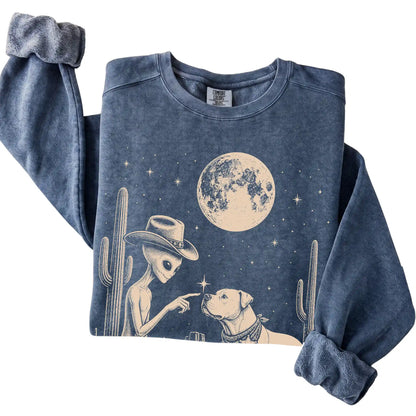 Denim Comfort Colors® sweatshirt featuring American Bulldog Cowboy and Alien, folded presentation