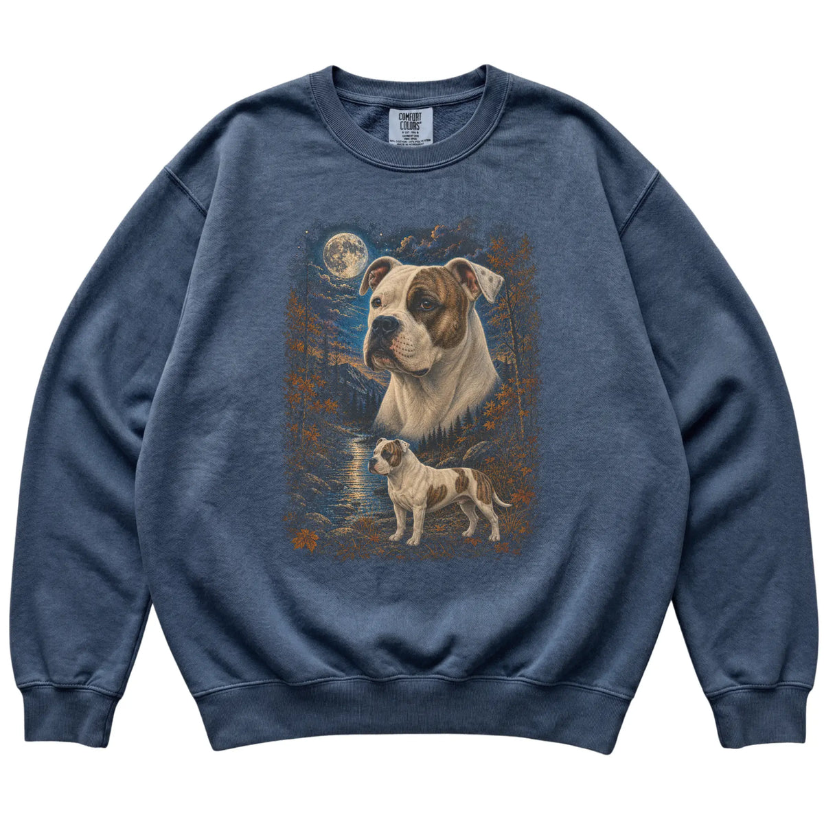 denim sweatshirt with American Bulldog Autumn Moon artwork.