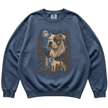 denim sweatshirt with American Bulldog Autumn Moon artwork.
