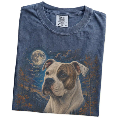 Folded denim T-shirt with American Bulldog Autumn Moon artwork.