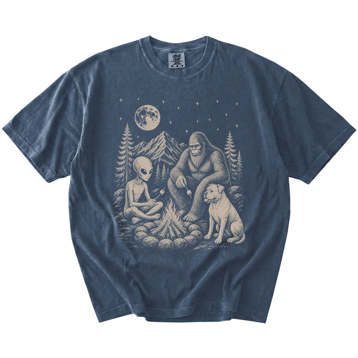American Bulldog camping with Bigfoot and an alien on a Denim Comfort Colors® T-shirt