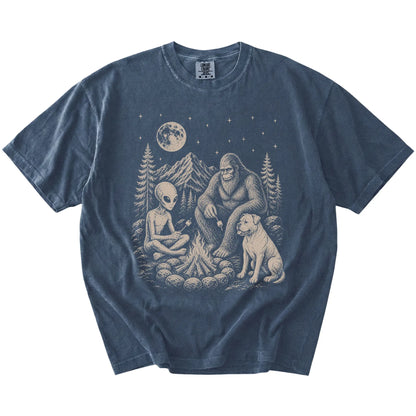 American Bulldog camping with Bigfoot and an alien on a Denim Comfort Colors® T-shirt