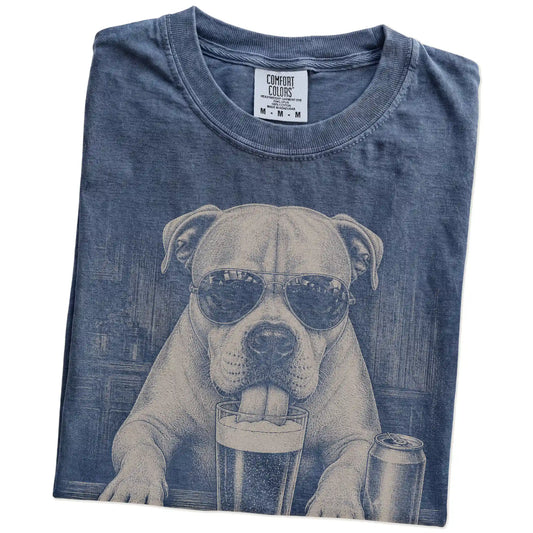 Folded Denim Comfort Colors® t-shirt showing American Bulldog sneaking a drink from a pint