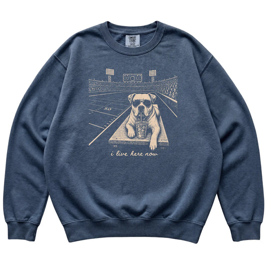 Denim American Bulldog Football Tailgate sweatshirt, laid flat