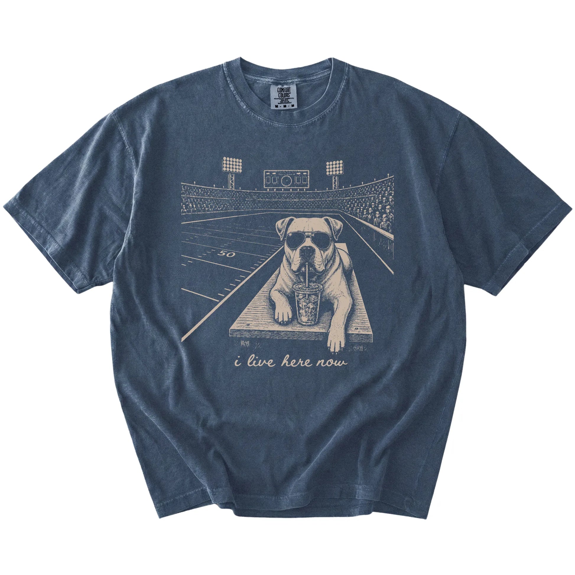 American Bulldog ready for football and tailgate season on a Denim Comfort Colors® T-shirt
