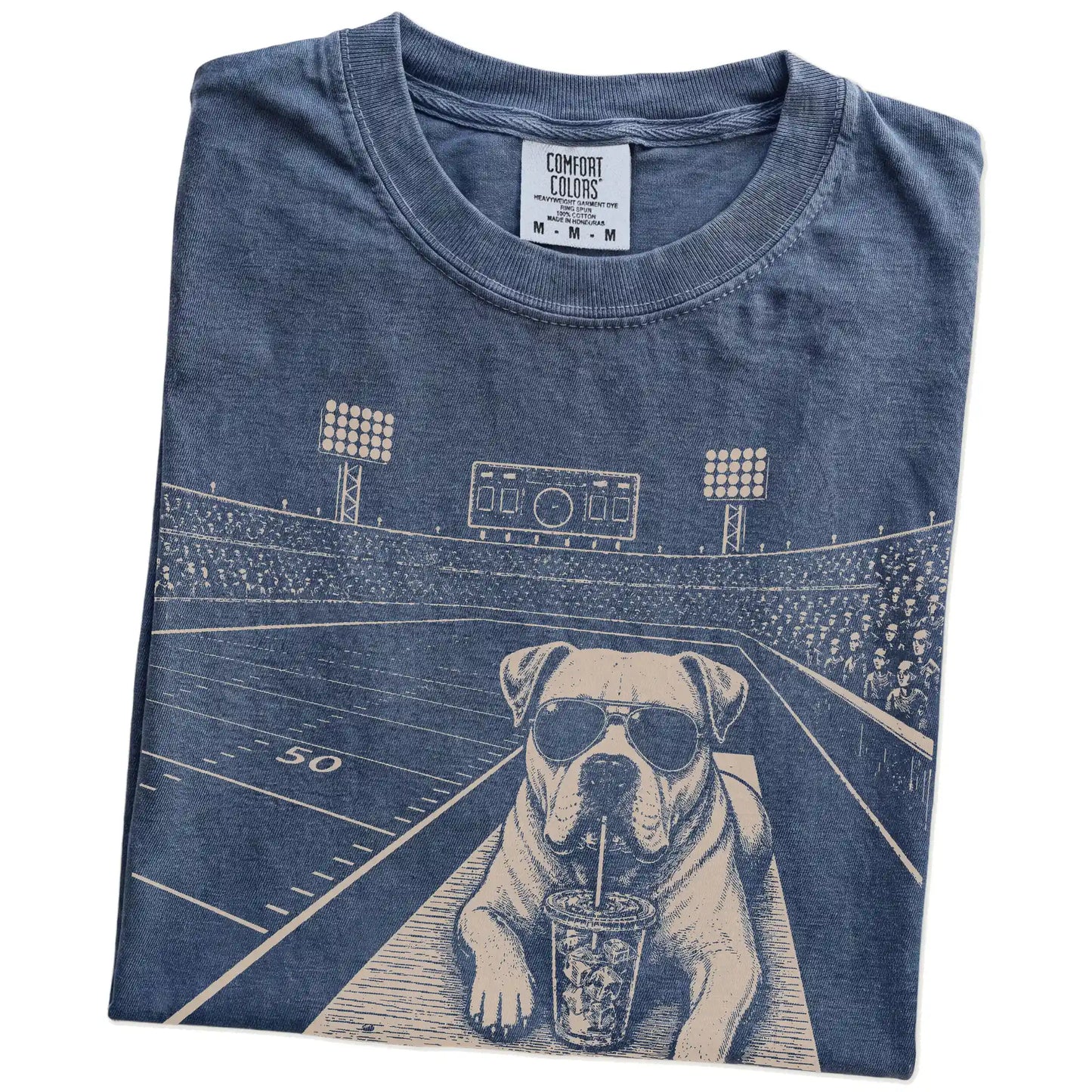Folded Denim Comfort Colors® T-shirt showing American Bulldog ready for football and tailgate season