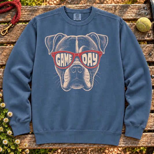 American Bulldog Game Day Sunglasses on a Denim crewneck sweatshirt, shown flat