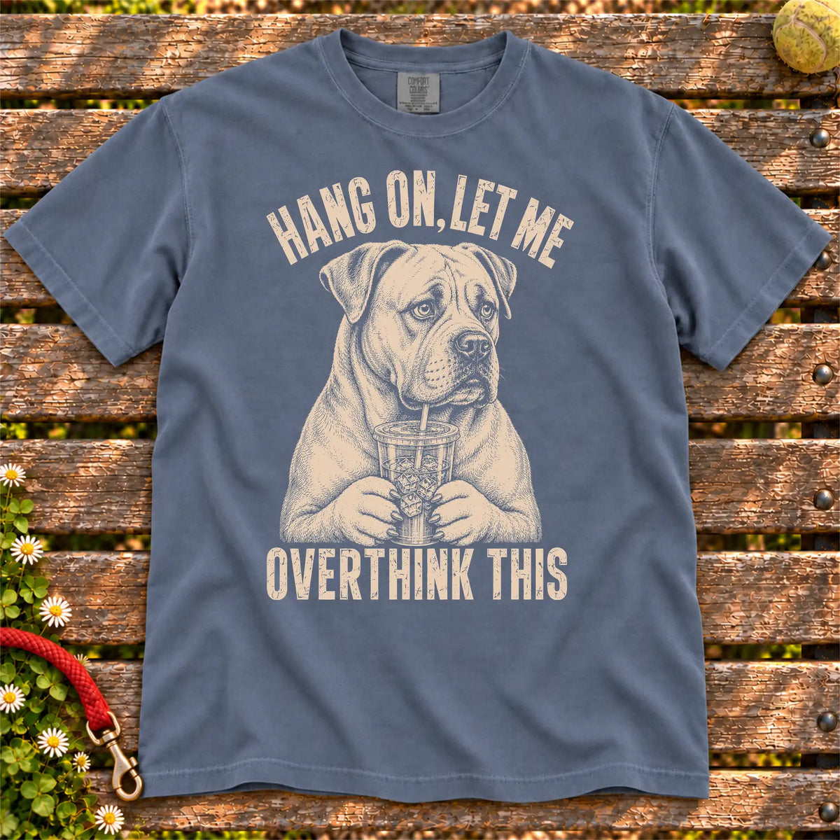 Overthinking American Bulldog design on a Denim Comfort Colors T-shirt, shown flat