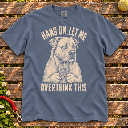 Overthinking American Bulldog design on a Denim Comfort Colors T-shirt, shown flat