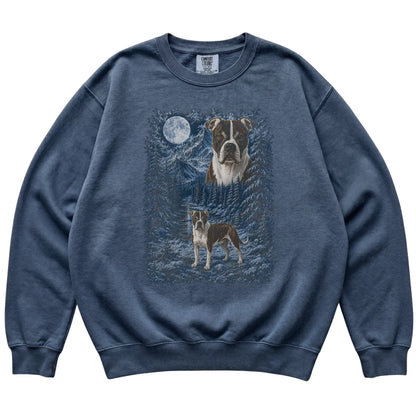 denim sweatshirt with American Bulldog Winter Moon artwork.
