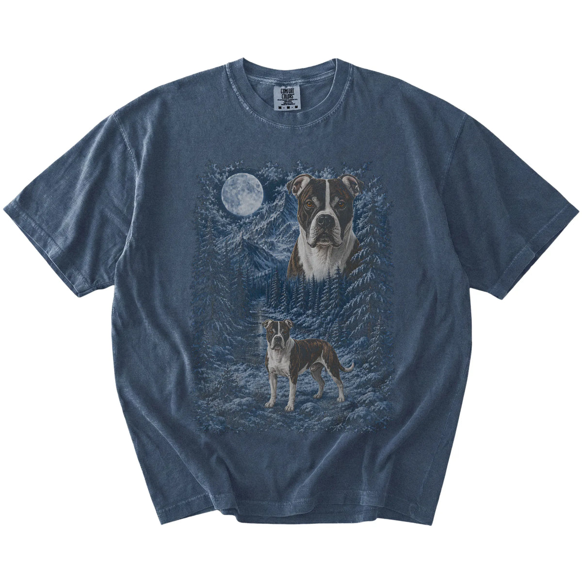 denim T-shirt with American Bulldog Winter Moon artwork.