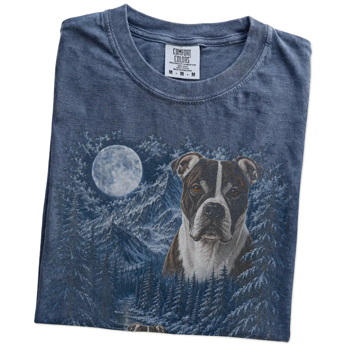Folded denim T-shirt with American Bulldog Winter Moon artwork.