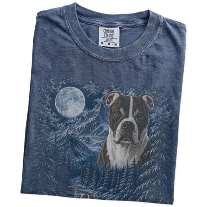 Folded denim T-shirt with American Bulldog Winter Moon artwork.