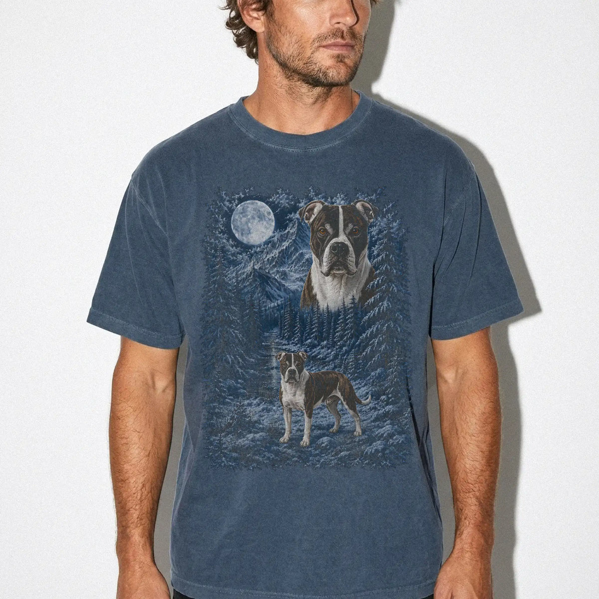 Model wearing a denim T-shirt with American Bulldog Winter Moon artwork.