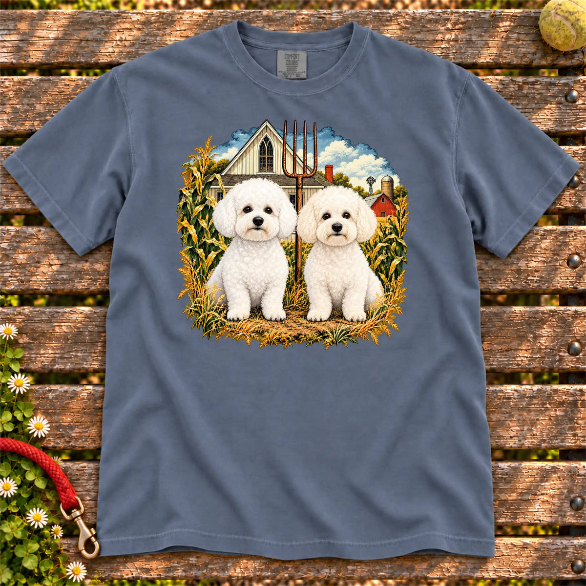 American Dogthic Bichon Frise farmhouse design on a Denim Comfort Colors® T-shirt