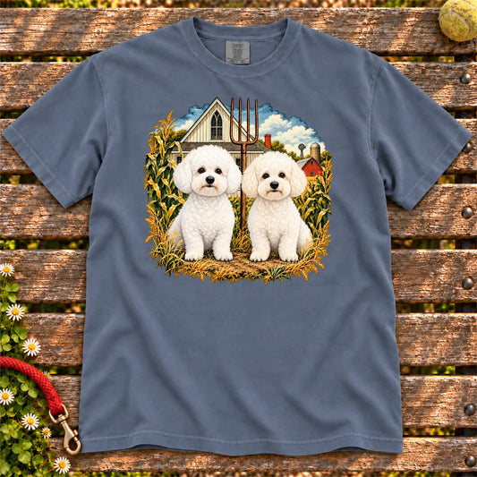 American Dogthic Bichon Frise farmhouse design on a Denim Comfort Colors® T-shirt