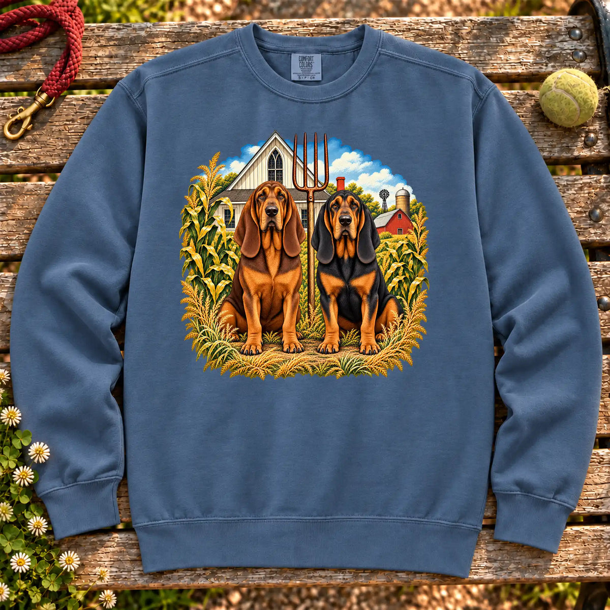 American Dogthic Bloodhound farmhouse design on a Denim Comfort Colors® sweatshirt