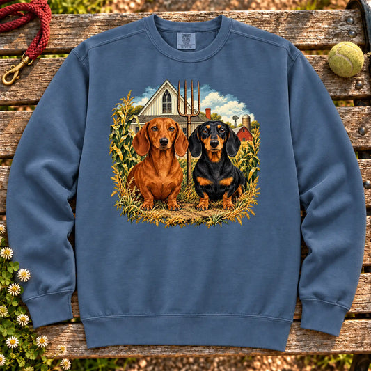 American Dogthic Dachshund farmhouse design on a Denim Comfort Colors® sweatshirt