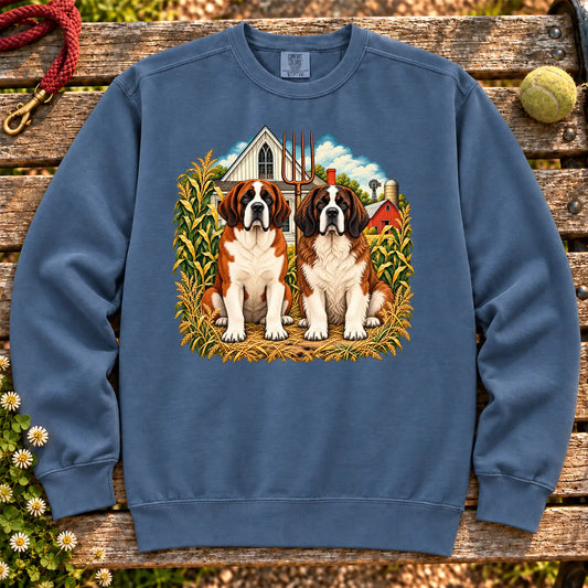 American Dogthic Saint Bernard farmhouse design on a Denim Comfort Colors® sweatshirt