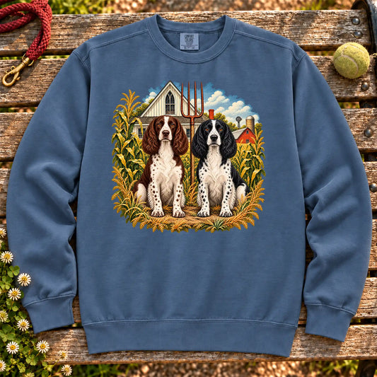 American Dogthic Springer Spaniel farmhouse design on a Denim Comfort Colors® sweatshirt