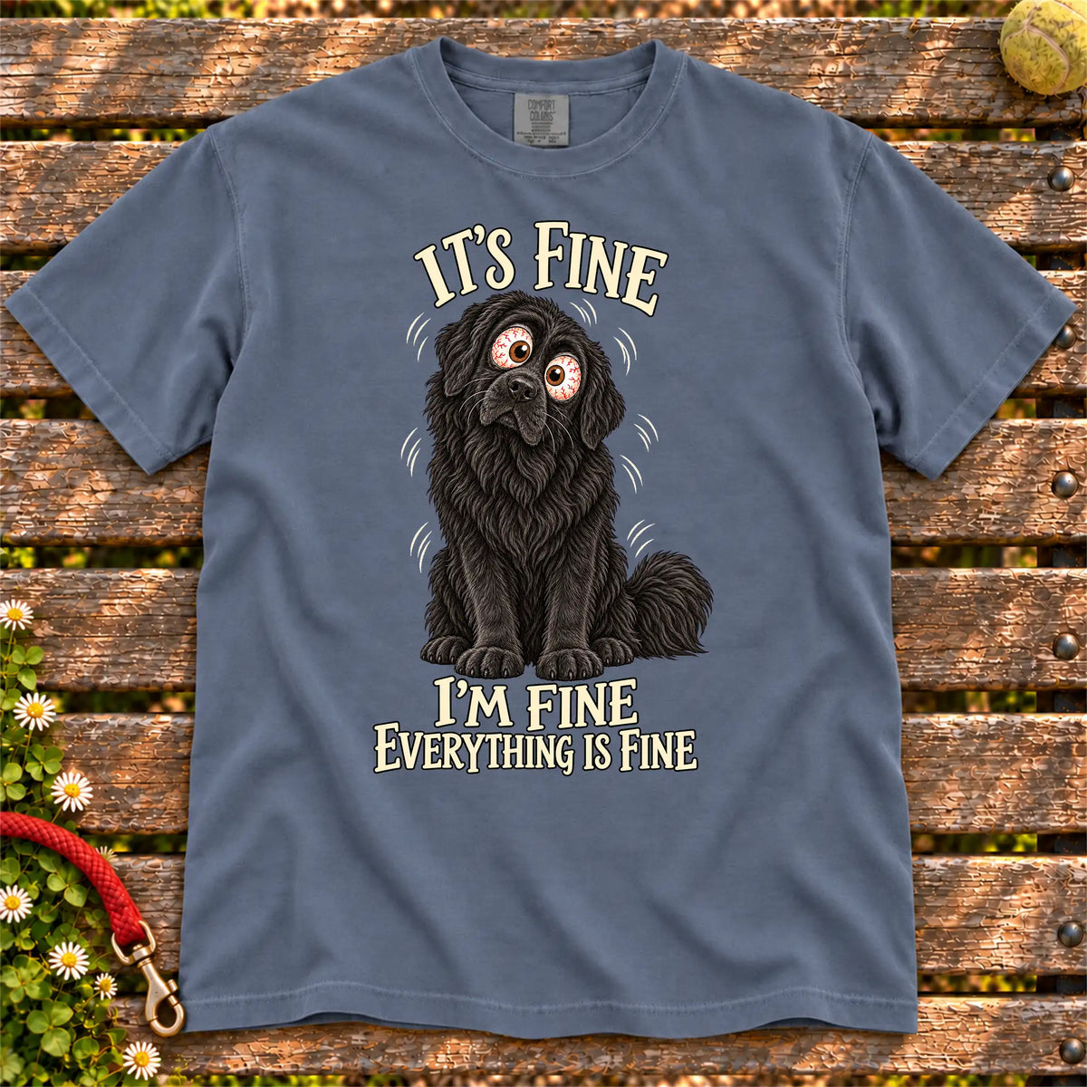 Newfie Everything Is Fine Comfort Colors T-shirt in Denim flat lay