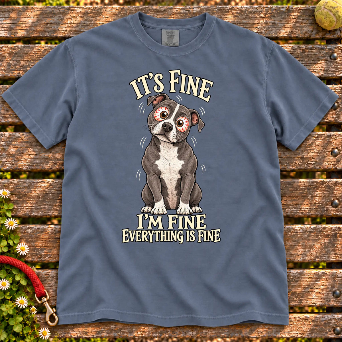 Pitbull Everything Is Fine Comfort Colors T-shirt in Denim flat lay