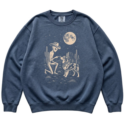 Denim Comfort Colors® sweatshirt featuring Australian Shepherd Cowboy and Alien, laid-flat presentation