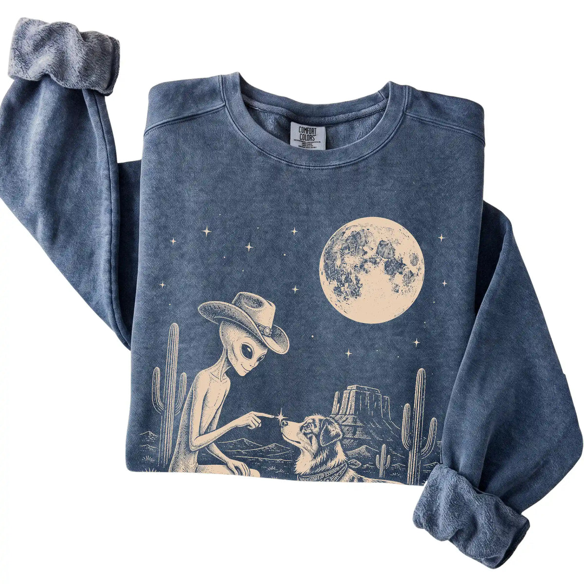 Denim Comfort Colors® sweatshirt featuring Australian Shepherd Cowboy and Alien, folded presentation