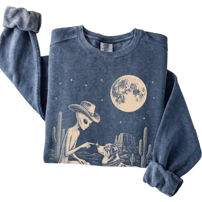 Denim Comfort Colors® sweatshirt featuring Australian Shepherd Cowboy and Alien, folded presentation