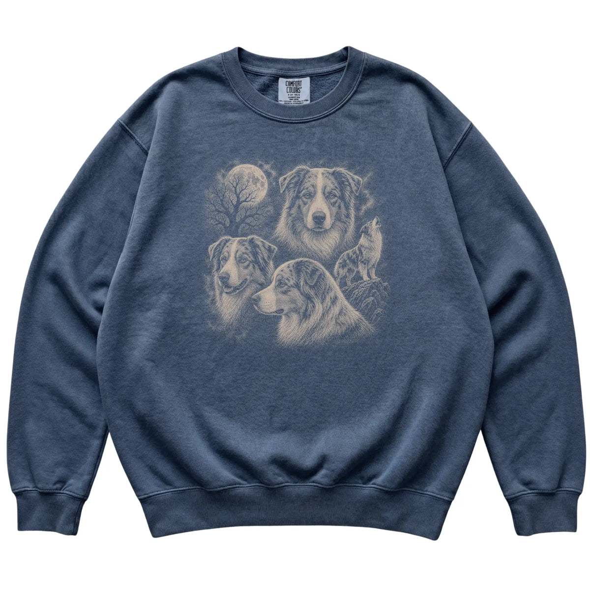 Australian Shepherd 90s Moon Sweatshirt in Denim — flat lay