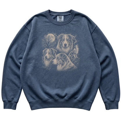 Australian Shepherd 90s Moon Sweatshirt in Denim — flat lay