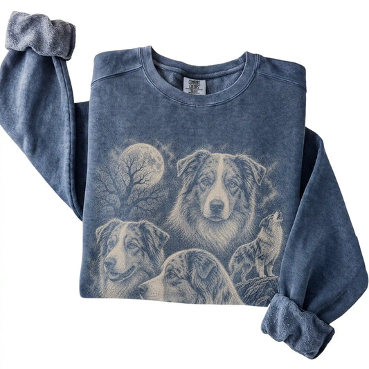 Denim Comfort Colors sweatshirt featuring a Australian Shepherd 1990s moon design