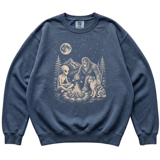 Denim Australian Shepherd Camping with Bigfoot and Alien shirt laid flat