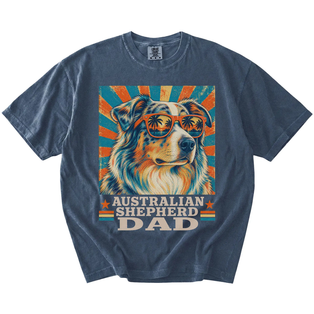 Retro Australian Shepherd Dad design on a Denim Comfort Colors T-shirt