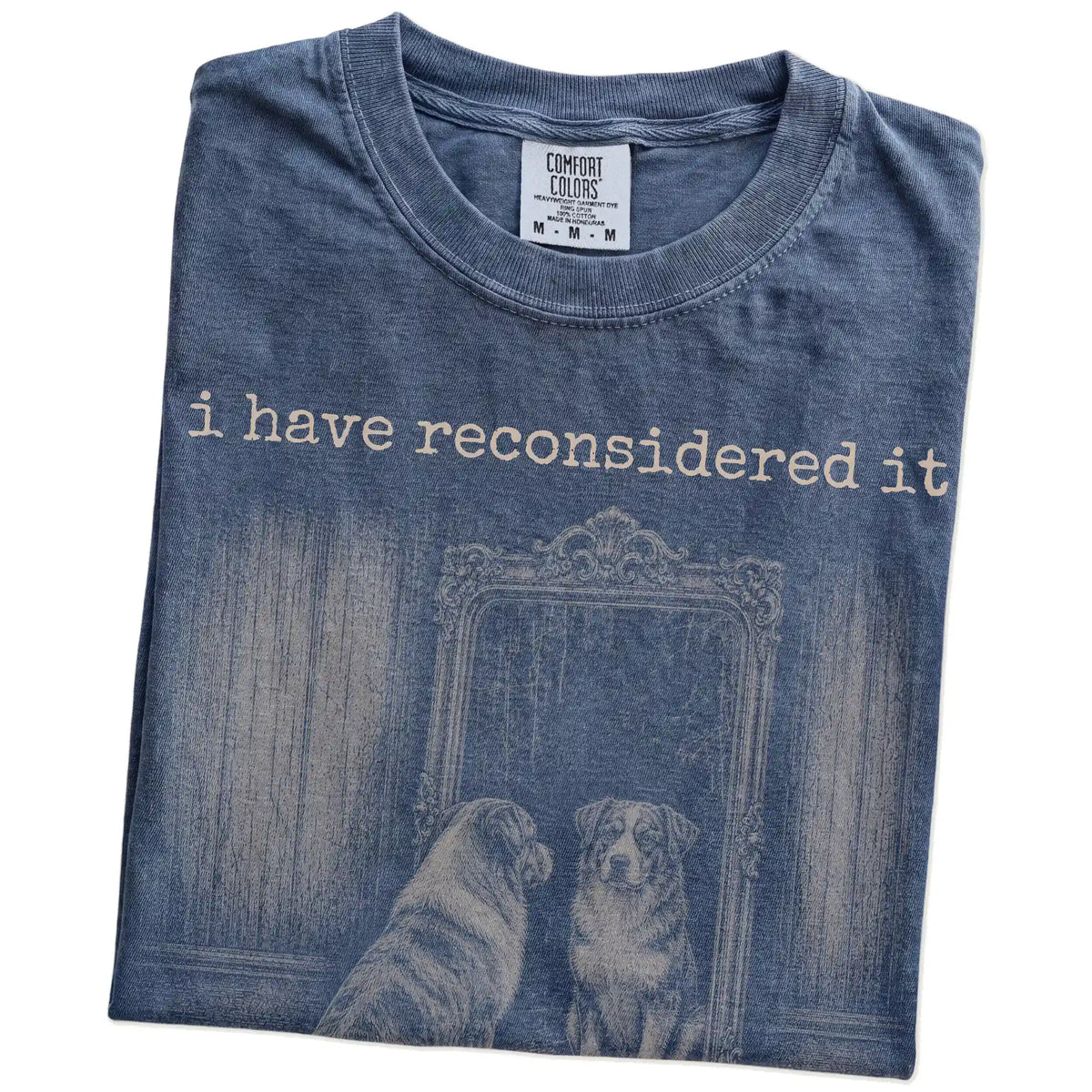 Folded Denim Comfort Colors® T-shirt showing “the answer is still no” australian shepherd design