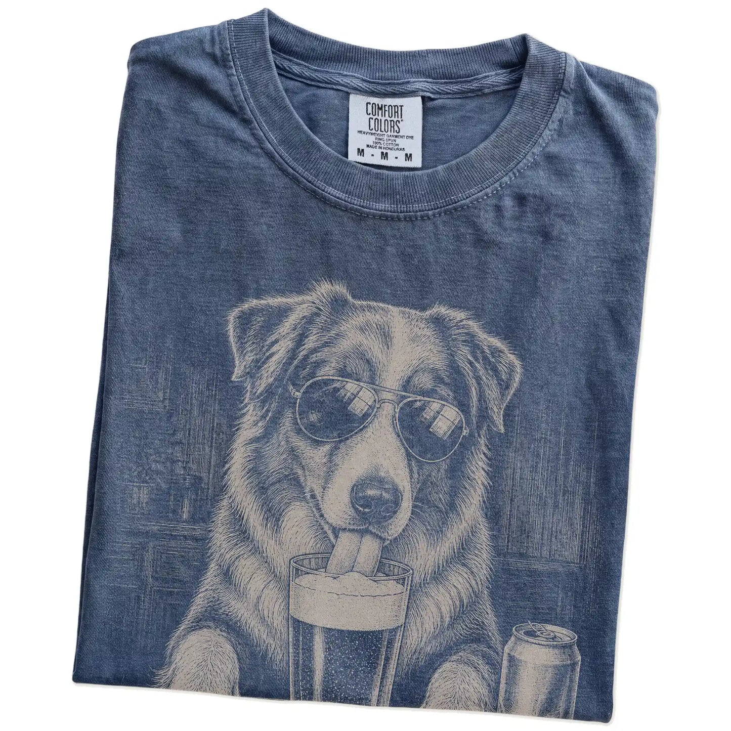 Folded Denim Comfort Colors® t-shirt showing Australian Shepherd sneaking a drink from a pint
