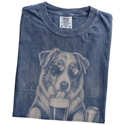 Folded Denim Comfort Colors® t-shirt showing Australian Shepherd sneaking a drink from a pint