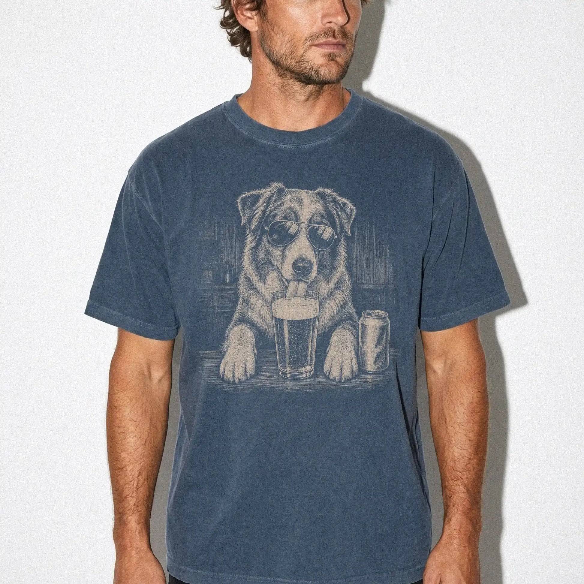 Model wearing a Denim Comfort Colors® t-shirt with Australian Shepherd sneaking a drink from a pint