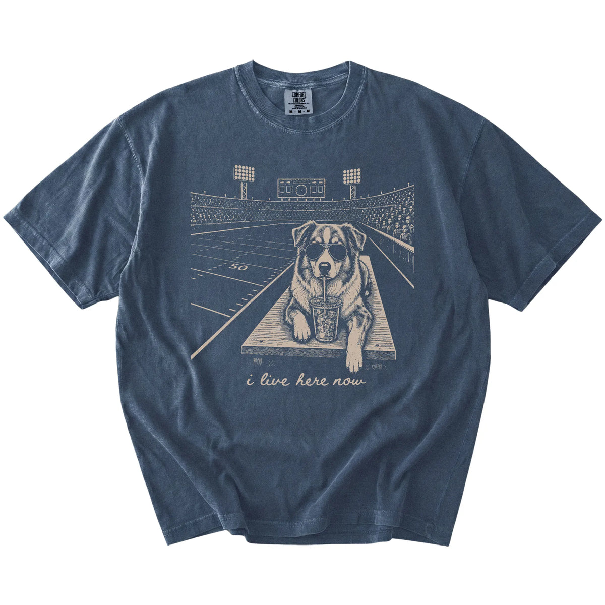 Australian Shepherd ready for football and tailgate season on a Denim Comfort Colors® T-shirt