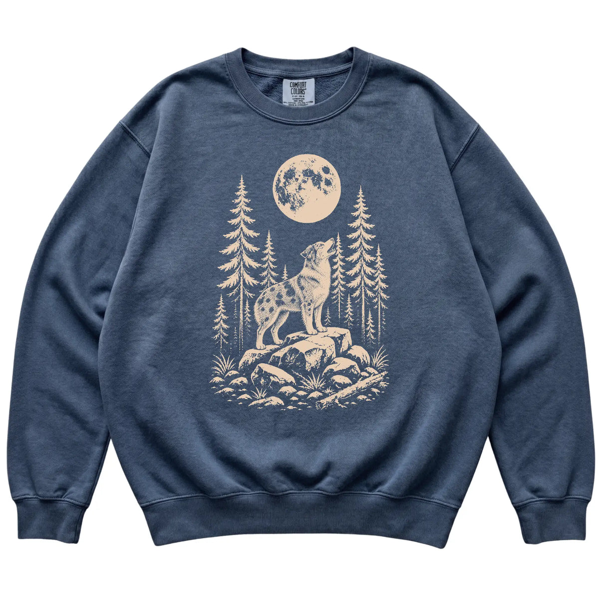 Close view of Australian Shepherd Howling at the Moon artwork on Denim Comfort Colors sweatshirt