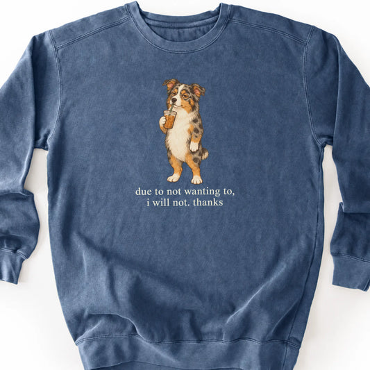 Australian Shepherd I Will Not design with iced coffee on a denim sweatshirt