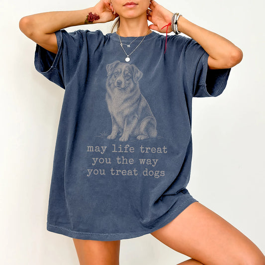 Woman wearing a Denim Australian Shepherd Karma T-Shirt