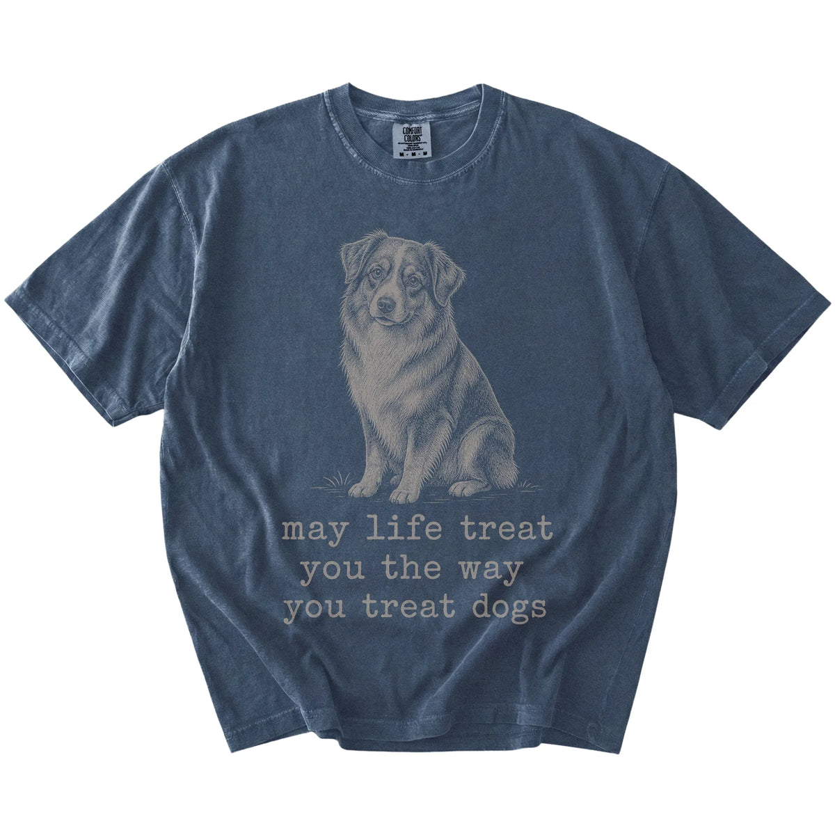 Denim Australian Shepherd Karma T-Shirt laid flat